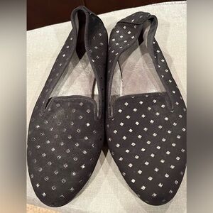 Aerosols black flat shoes with gold diamond shapes. Size 8
